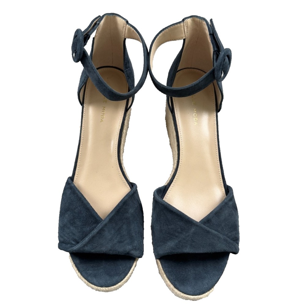 Pelle Moda Women's Espadrille Wedge Sandals Size 10 Navy Suede Ankle Strap